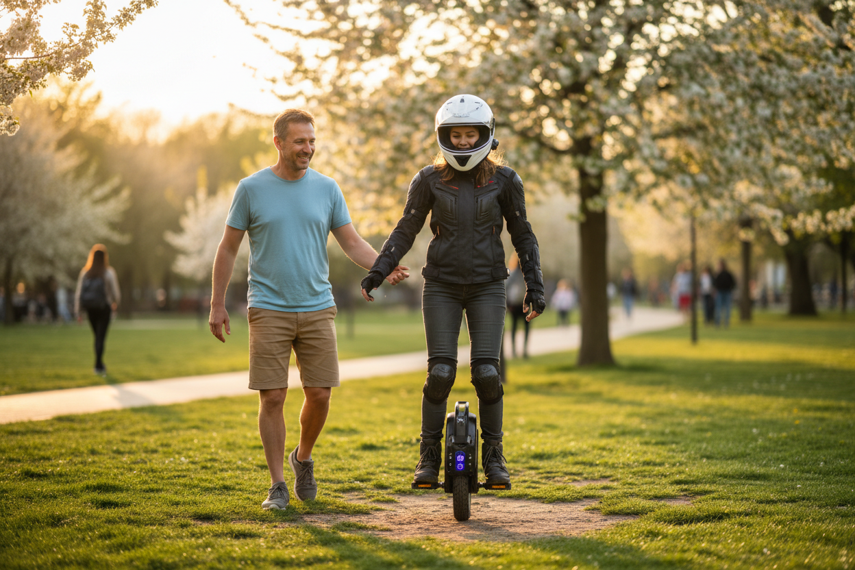 Motorcycle helmet on the rider, no safety vest on the spotter. The rest keep the same.